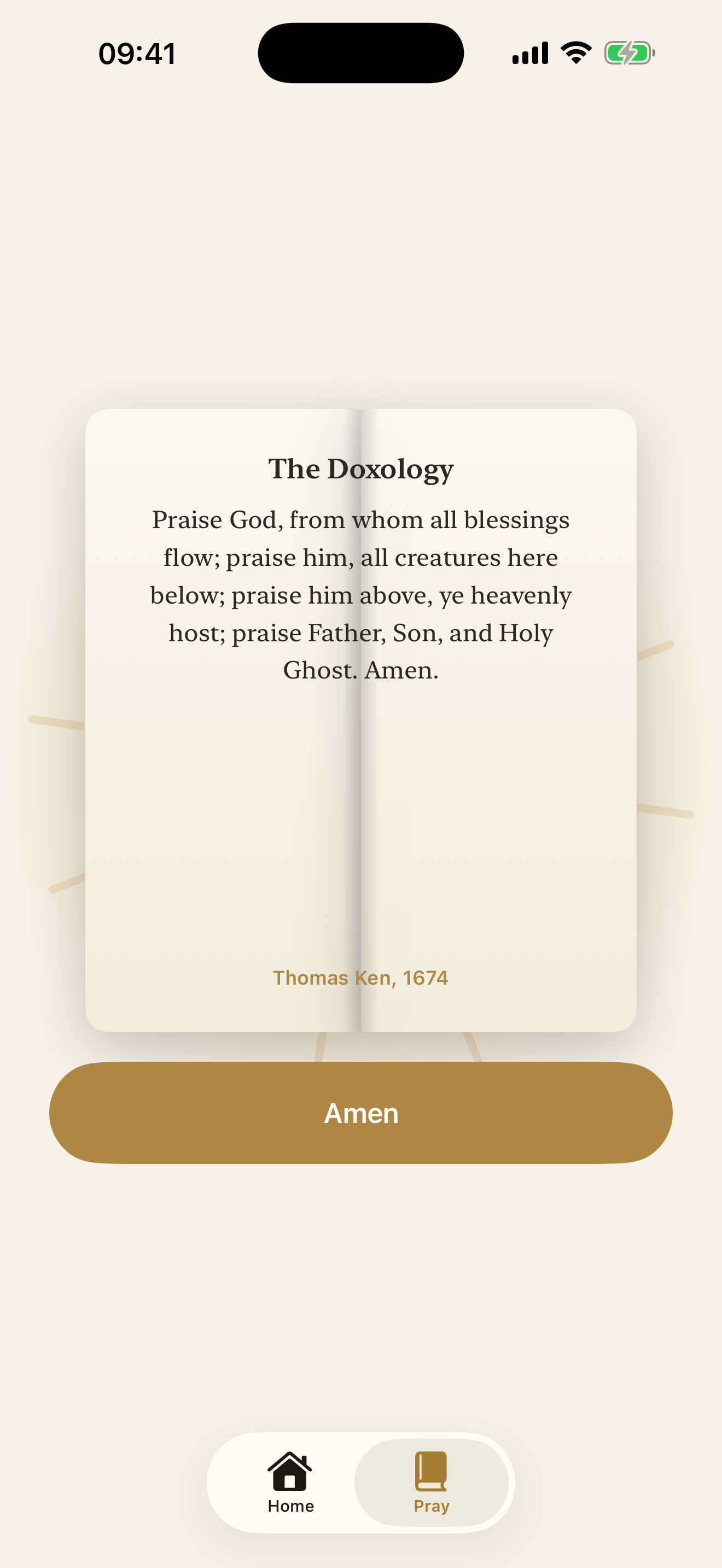 Prayer on iPhone: an open book displaying the Doxology and an Amen button